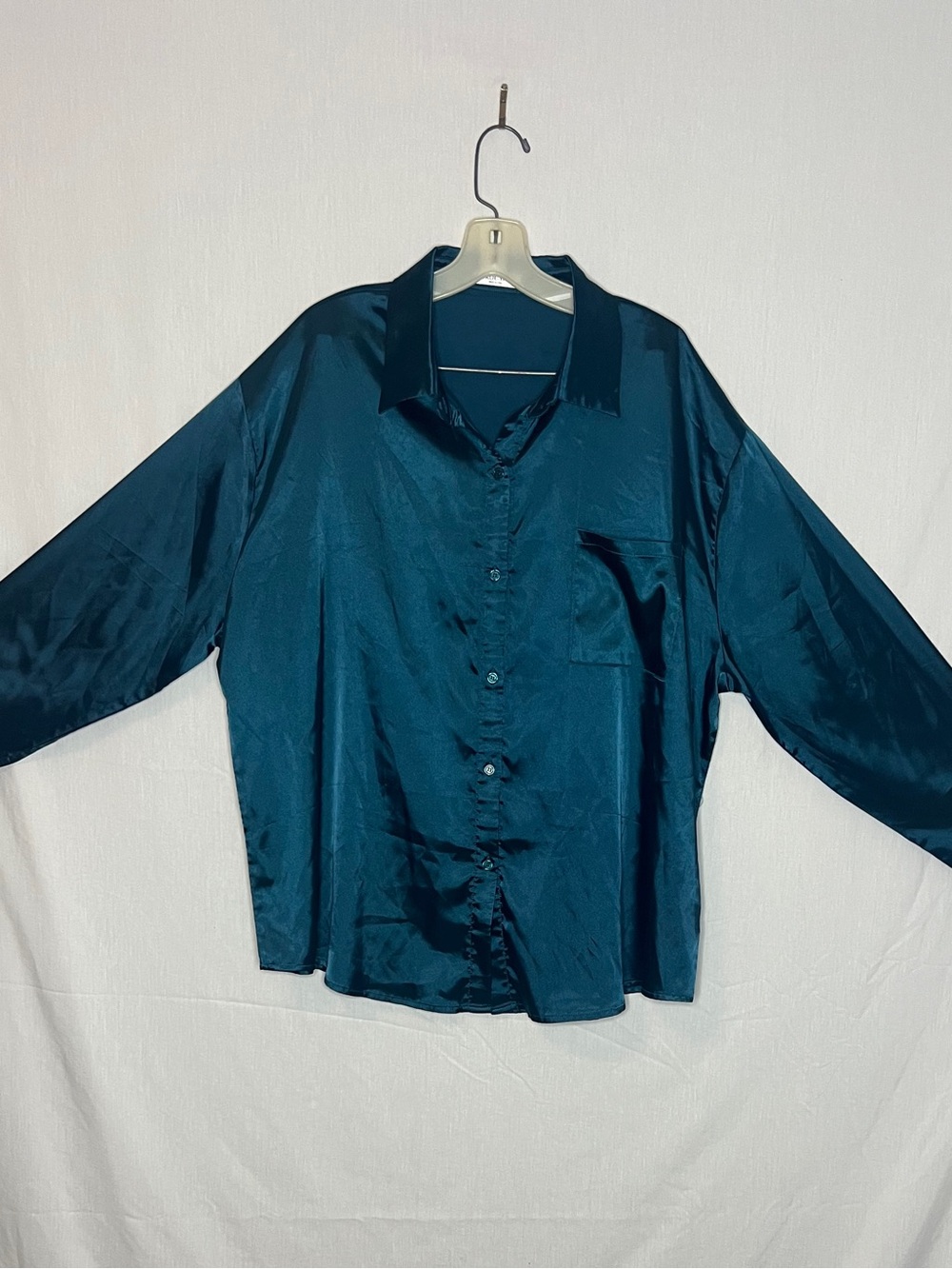 Ekouaer Satin Pajama Top XXL Teal Button Front Sleepwear Shirt Silky Lounge